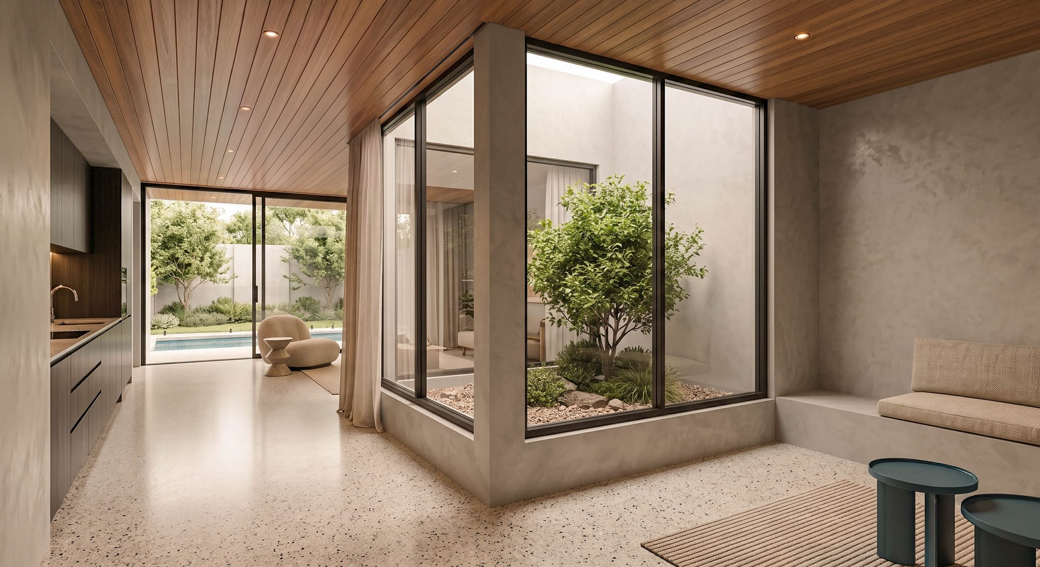 Duplex interior design, Sydney: timber-lined ceiling, honed plaster and terrazzo floor around a glazed courtyard garden room
